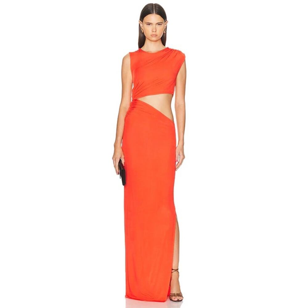 Atlein Cut Out Sleeveless Orange Maxi Long Dress side Split sz XL